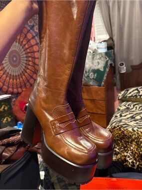 ASOS Brown Leather-Look Platform Knee-High Boots